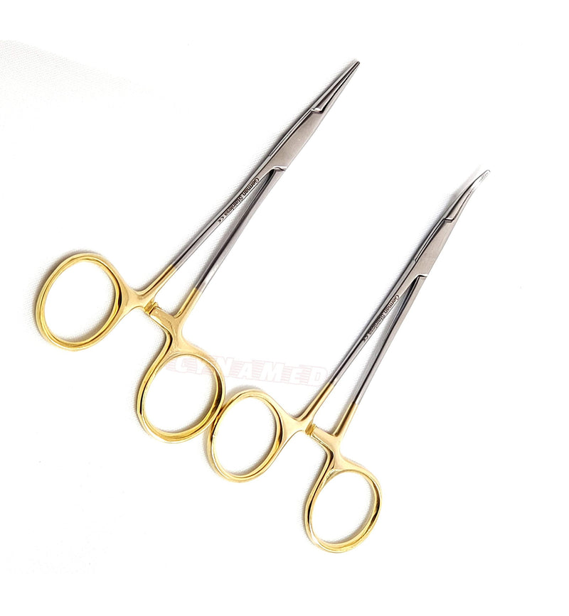 [Australia - AusPower] - Premium German Stainless- Set of 2 PCS Gold Handle Mosquito Locking HEMOSTAT Forceps Straight + Curved 5"-Cynamed 