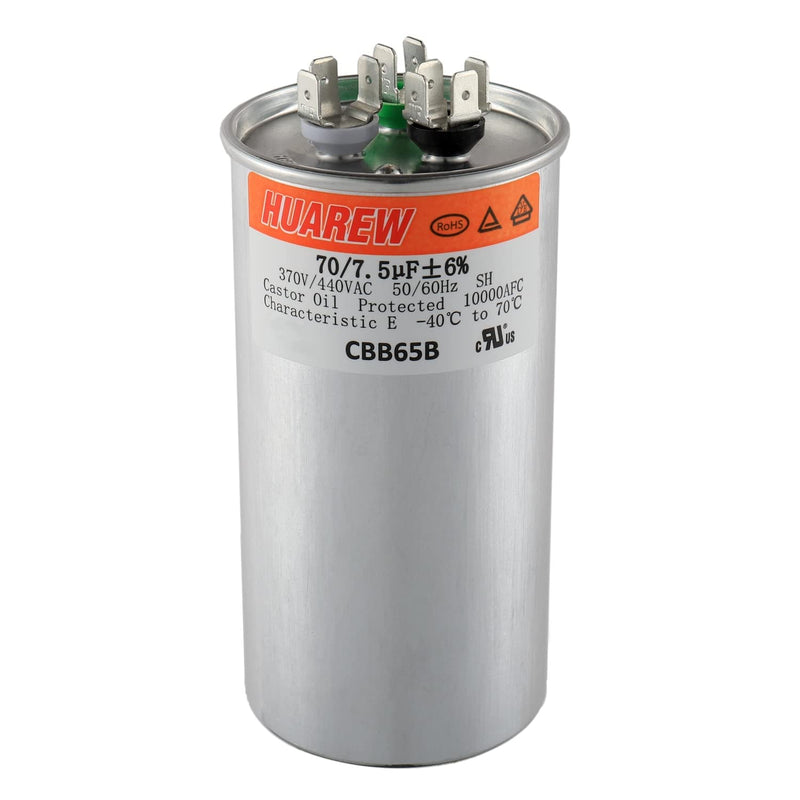 [Australia - AusPower] - 70+7.5 uF ±6% 70/7.5 MFD 370/440 VAC CBB65 Dual Run Start Round Capacitor for Condenser Straight Cool or Heat Pump Air Conditioner or AC Motor and Fan Starting 