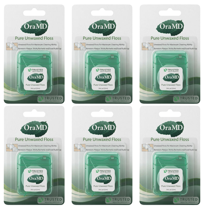 OraMD Oral Care Pure Unwaxed Dental Floss 54.6 Yards - PFAS-Free, Chemical Free, Shred Resistant - Unscented and Ultraclean Plaque Removal - Teeth and Gum Protection for Adults - Pack of 6 Six Dental Floss