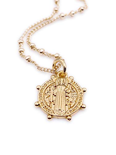 LESLIE BOULES Gold Saint Benedict Round Medal Necklace for Women 18K Gold Plated Chain Religious Jewelry