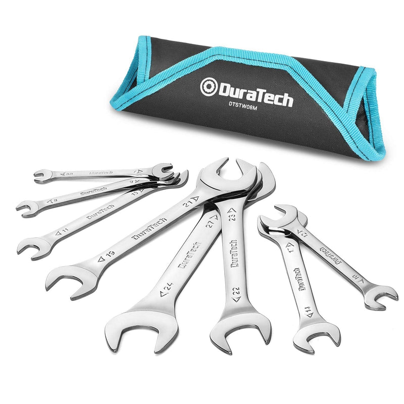 DURATECH Super-Thin Open End Wrench Set, Metric, 8-Piece, Including 5.5, 7, 8, 9, 10, 11, 12, 13, 14, 17, 19, 21, 22, 23, 24, 27 mm, Slim Spanner Set with Rolling Pouch Silver