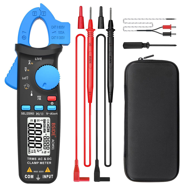 [Australia - AusPower] - BSIDE DC Amp Clamp Meter 1mA Current True RMS Auto-Ranging 6000 Counts Digital Ammeter Hz Temperature Capacitance Live Check V-Alert Low Impedance Voltage Tester with Back Clip Blue 