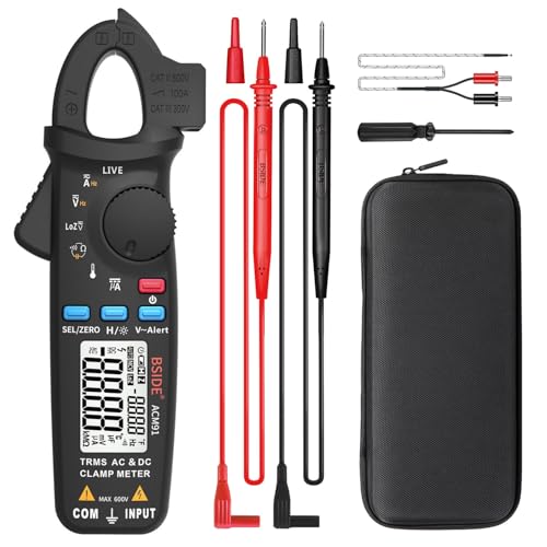 BSIDE DC clamp meter digital multimeter with back clip, black, showing clamp jaw and display controls