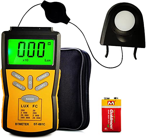 BTMETER BT-881C digital illuminance light meter in yellow for lumen and FC measurements