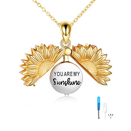 ONEFINITY Sterling Silver Sunflower Urn Necklace for Ashes You Are My Sunshine Pendant Cremation Jewelry for Ashes of Loved Ones Keepsake Gold
