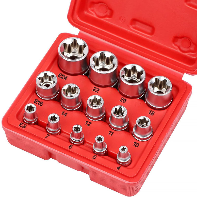 [Australia - AusPower] - SEDY 14-Piece E-TORX Socket Set - Premium Female Torx Socket Set, Ultimate Star Socket Set, Torque Socket Set, External Torx Socket Set, E4 E5 E6 E7 E8 E10 E11 E12 E14 E16 E18 E20 E22 E24 Socket Set 