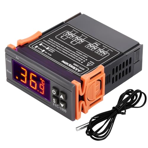 Aideepen Digital Temperature Controller, STC-1000 DC 12V 10A Thermostat Control Switch 2 Relay Output with NTC 10K Sensors for Heating and Cooling