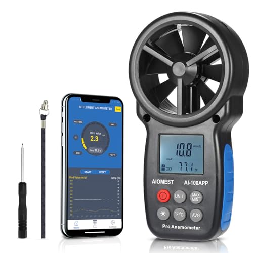 AIOMEST Bluetooth Anemometer Wind Meter with App, Portable Air Speed Meter AI-100APP with Data Logger, RLT System, Wind Gauge, Air Flow Meter, Carry Bag AI-100APP with Bluetooth app connection