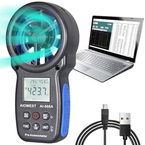 Anemometer Digital Air Flow Meter m³/h, AIOMEST Wind Meter AI-866A for Wind Speed, Volume Flow, Temperature, Humidity, with USB PC Sync for Air Conditioning RLT System, Ventilation System