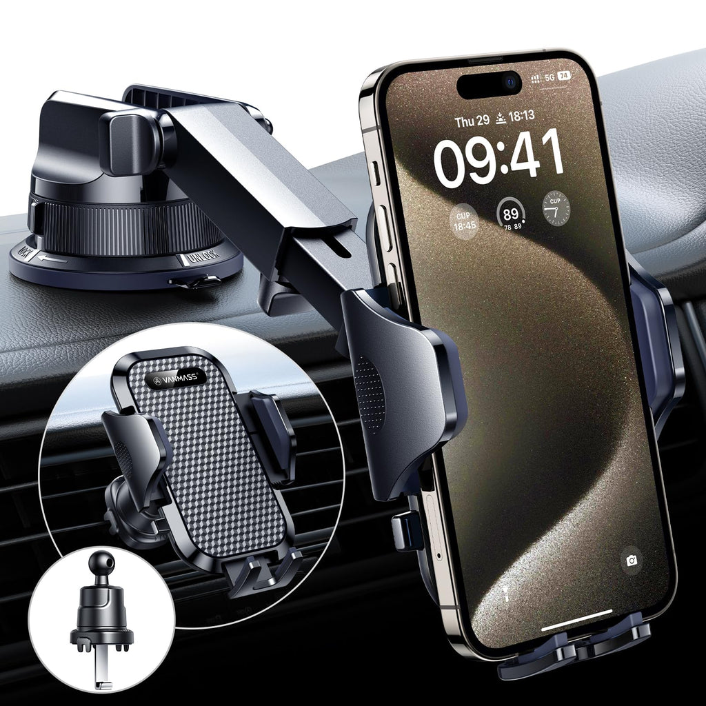 [Australia - AusPower] - [True Military-Grade] Car Phone Holder VANMASS [2024 Strongest Suction & Clip] Cell Phone Mount for Dashboard Windshield Vent Truck Accessories Cradle Dash Stand for iPhone 15 Pro Max 14 13 12 Android Black 