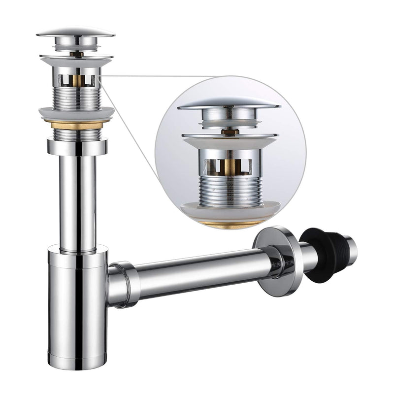 Bathroom Sink Stopper P-Trap Complete Set Adjustable 1-1/4 Sink Drain Kit Tube Solid Brass Bottle Trap w/Pop Up Drain Stopper Set, Overflow Version, Chrome Silver