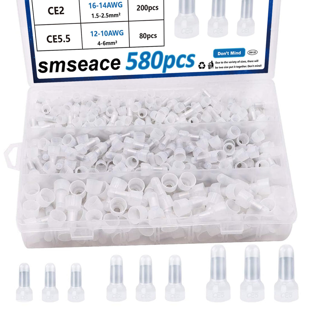 smseace 580Pcs 3-Values Closed End Crimp Terminal 22-16/16-14/12-10AWG Wire End Caps Closed End Wire Connectors