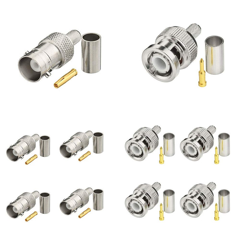 SUPERBAT BNC Crimp Connectors Kit BNC Male + BNC Female Crimp Solder Attachment Connector Kit for RG58 RG303 RG223 RG142 RG400 LMR195 Low Loss Coax Cable(10 Pack in total) RG58 Type