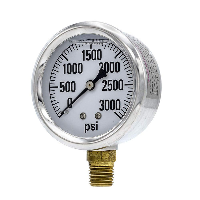 [Australia - AusPower] - PIC Gauges AG-201L-254P Bottom Mount Glycerin Filled Single Scale Pressure Gauge w/ SS Case/Bezel, Brass Internals, Plastic Lens, 2.5" Dial, 1/4" Male NPT, 0-3000 psi Range 0 to 3,000 PSI 