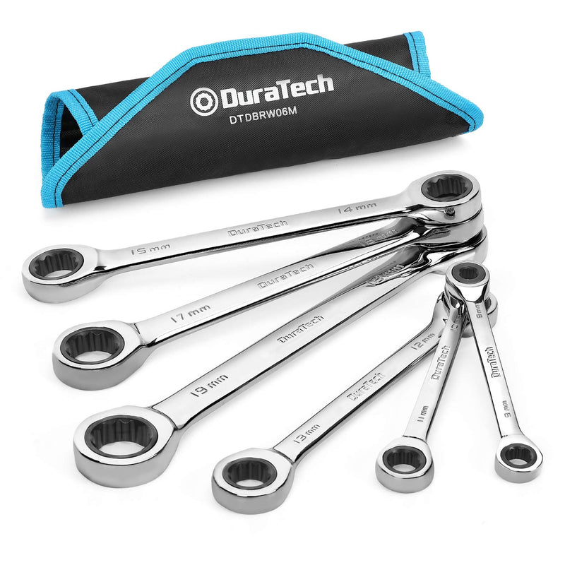 DURATECH Double Box End Ratcheting Wrench Set, Metric, 6-Piece, 8-19mm, CR-V Steel, with Rolling Pouch 6-Piece Wrench Set, Metric, with Rolling Pouch
