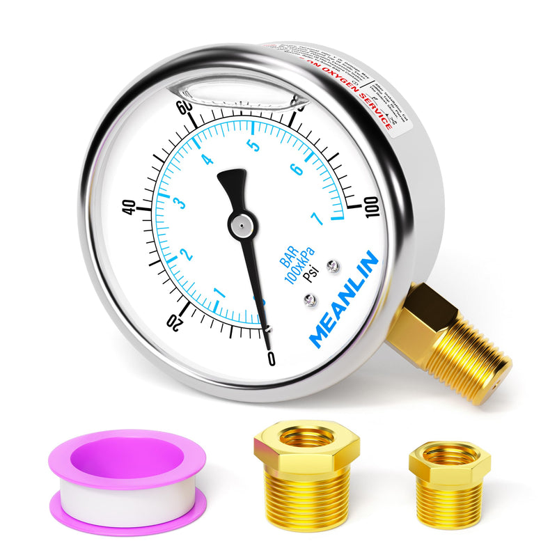 [Australia - AusPower] - MEANLIN MEASURE 0~100Psi Stainless Steel 1/4" NPT 2.5" FACE DIAL Liquid Filled Pressure Gauge WOG Water Oil Air Lower Mount, with 1/4" x 1/2" NPT and 1/4" x 3/8" NPT Hex Bushing 0-100Psi 