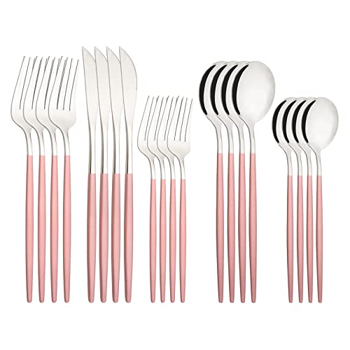 Silverware Set – 20 Piece Family Dinnerware Set – Flatware Set Service For 4 – Pink Silver Tableware Sets – Cutlery Great For Family Gatherings & Daily Use – Spoons, Knives, Forks Service 4