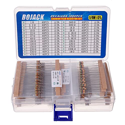 BOJACK Resistors Assortment Kit 1 Ohm - 1M Ohm 1/4W Carbon Film Resistor Kit (25 Values 1000 Pieces) 1/4 W
