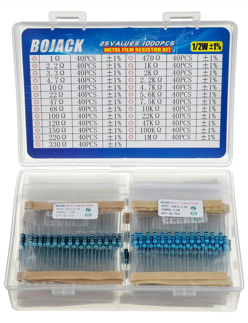 BOJACK Resistors Assortment Kit 1 Ohm - 1M Ohm 1/2W Metal Film Resistor Kit (25 Values 1000 Pieces) 1/2 W