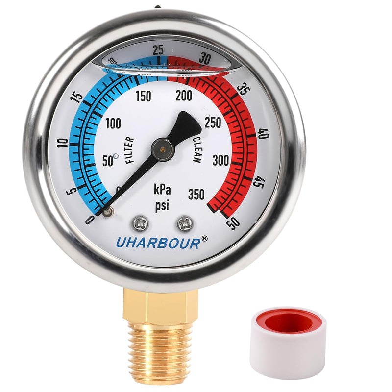 [Australia - AusPower] - Water Pressure Gauge, Glycerin Filled Pool Filter Pressure Gauge 0-50 PSI/350KPA,2" Dial and 1/4"NPT Bottom Mount, including Seal Tape 0-50PSI Lower Mount 