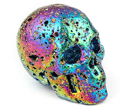 Skullis 2.0" Rainbow Aura Hot Lava Stone Crystal Skull, Hand Carved Gemstone Fine Art Sculpture, Reiki Healing Stone Statue.