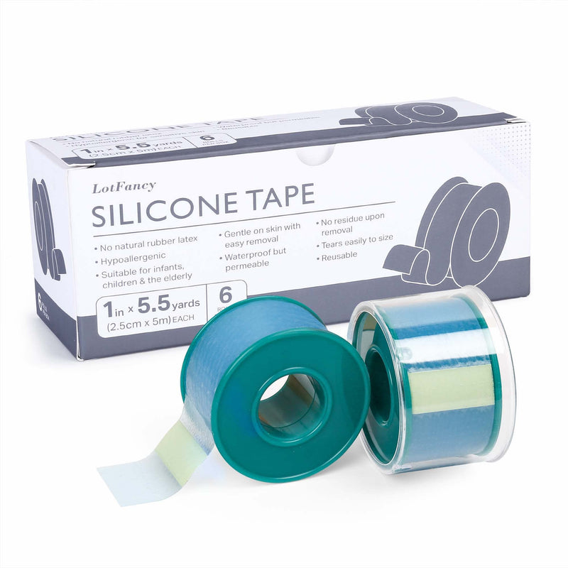 [Australia - AusPower] - LotFancy Medical Soft Silicone Tape, 1" x 5.5 Yards, 6 Rolls Transparent Adhesive Water-Proof Surgical Tape, Surgery First Aid Tape for Wound and Sensitive Skin 6 Count (Pack of 1) 