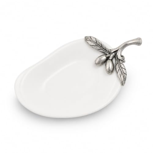 Vagabond House Olive Oil Server and Spoon Rest with Pewter Olive Branch Accent - Elegant Porcelain Kitchen Accessory - 4.5" L x 2.5" W