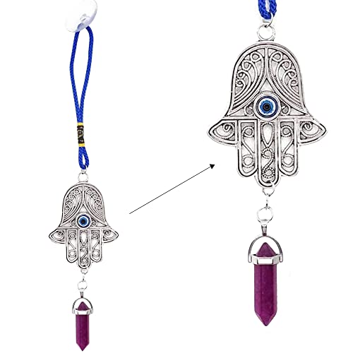 LUCKBOOSTIUM Silver Ornate Hamsa Hand Jeweled Keychain - Evil Eye Protection, Hanging Gemstone - Good Luck Charms 1.8"x9" Amethyst