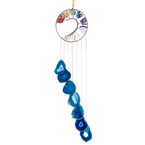 TUMBEELLUWA 7 Chakra Tree of Life Hanging Ornament with Blue Agate Slice 2# Blue