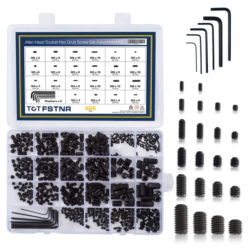 [Australia - AusPower] - 666Pcs Internal Hex Drive Cup-Point Screws Assortment Kit, 22 Sizes M2/3/4/5/6/8 Set Screw Set for Door Handles, Faucet, Light Fixture, 12.9 Class Alloy Steel (Black) 666 pcs 