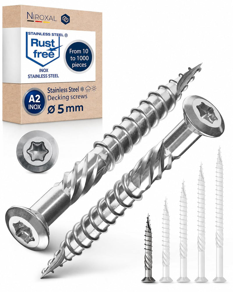 #10-1-5/8" | 200 Piece Deck Screws 5 x 40 mm | Perfect for 16 mm Panels | Hardened C1 Stainless Steel | Torx 25 | Exterior Rust Resistant Wood Screws 40 mm ≈ 1.57 in