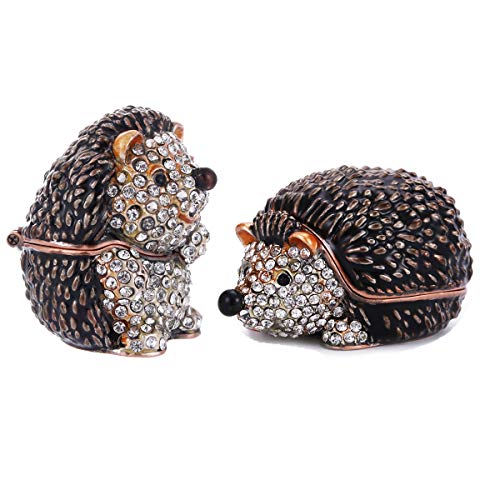 Hand Painted Enamel Hedgehog Trinket Box, Hinged Jewelry Box Unique Mini Ring Necklace Jewelry Organizer, Classical Bejeweled Storage, Figurine Collectible Keepsake Home Decor (Couple Hedgehog) Couple Hedgehog