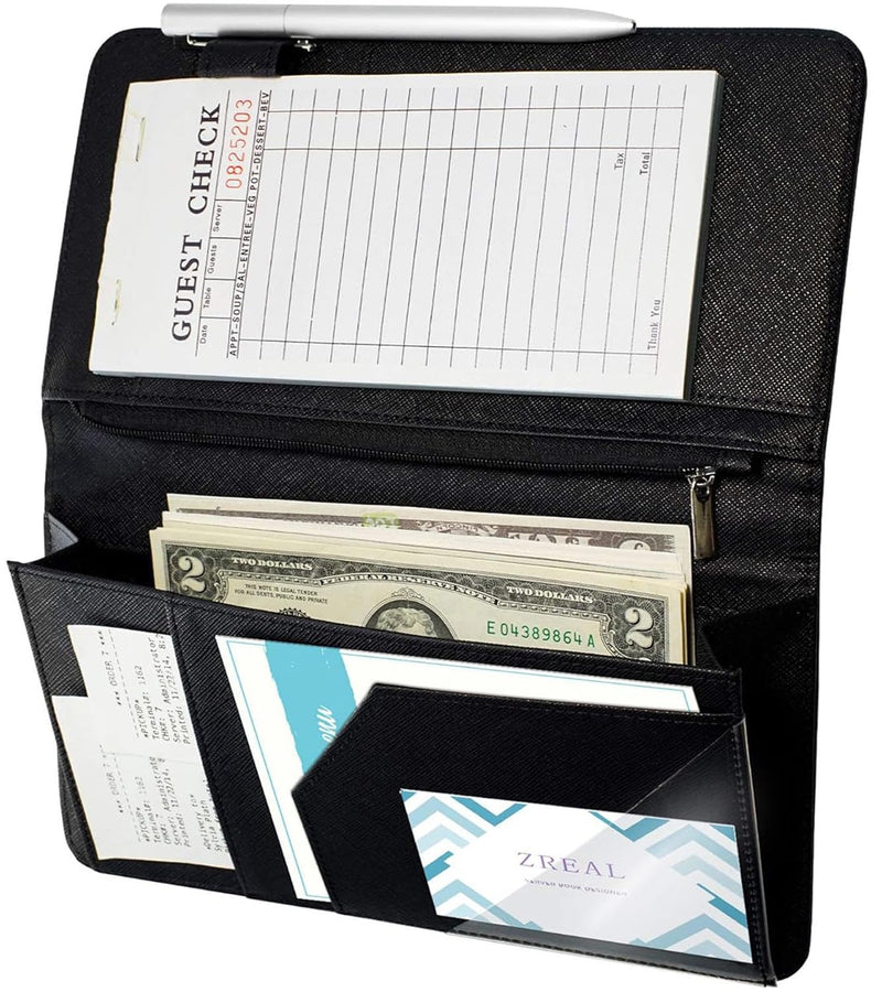 [Australia - AusPower] - Zreal Server Book With Zipper Pocket, 5 X 9 Waitress Book, Magnetic Closure Pocket, Big Volume, Guest Check With Pen Holder for Waiter Server Wallet Fit Waitress Apron (Black) Plain Black 
