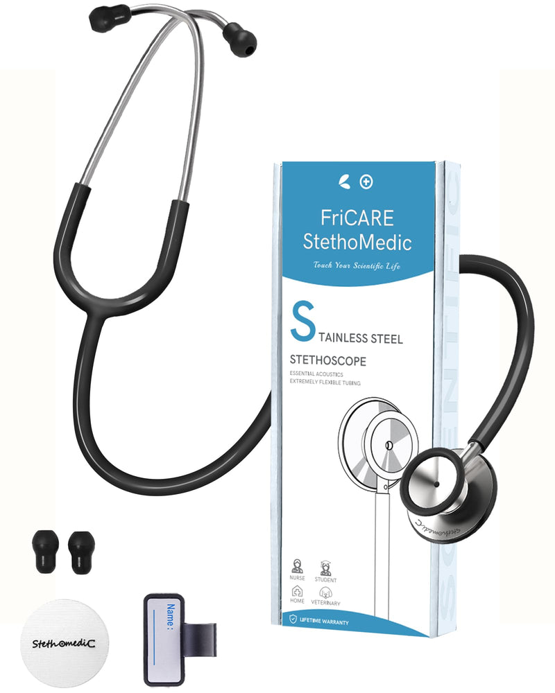 [Australia - AusPower] - FriCARE Dual Head Stethoscope - Stethoscopes for Nurses, Medical Nursing Students, Paramedics/EMT/LVN/VNA Backup - FSA/HSA Eligible Estetoscopio, Black Tube, Stainless Steel Chestpiece Mirror Black 
