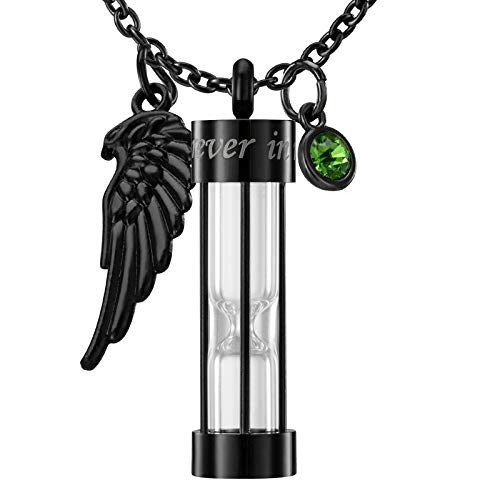 PREKIAR Cremation Urn Necklace for Ashes Timeless Hourglass Memorial Pendant Keepsake Jewelry for Human Pet Ashes with 12 Birthstone Angel Wing Black hourglass