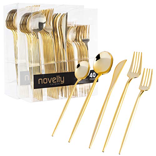 PlasticPRO luxury gold disposable flatware set, 80-piece cutlery combo for 16, includes knives, forks, and spoons for modern dining.