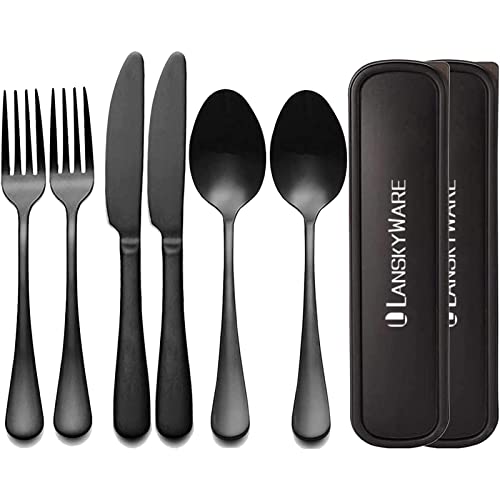 Portable Utensils Set with Case,Reusable Office Flatware Set,Healthy Travel Cutlery Set Stainless Steel 2 Fork, 2 Spoon,2 Knife Cutlery Ideal for Travel, Lunch Box and Camping (Black 3 PCs-2 Sets) Black - 3 PCs - 2 Sets