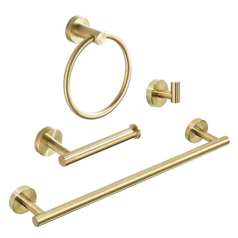 Gold Bathroom Hardware, Bathroom Accessories Set Includes Toilet Paper Holder 24 Inch Towel Bar Towel Ring Robe Hook 4 Pieces Wall Mount Brushed Gold