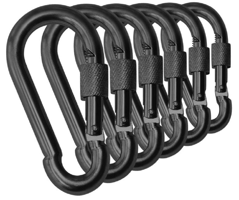 [Australia - AusPower] - Black & Silver Heavy Duty Bushcraft Locking Thumb Screw Closure Zinc-Galvanized Steel Carabiner Spring Snap Clip Link Hooks 200-400lb Load. 6 & 12 Packs 5cm 6-Pack Black 