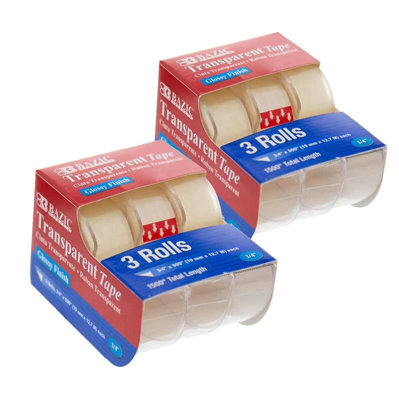 BAZIC PRODUCTS 3/4in x 500in Transparent Tape, 3 Count, for Office Home School, 2 Pack 2-Pack