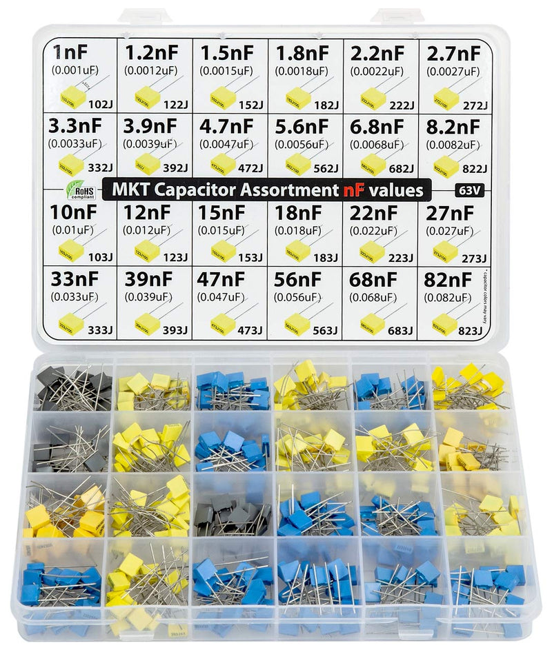 nF Values - MKT Polyester Box Capacitor Kit Assortment 350 pcs 24 Values 63V, All nF Values, 1nF, 1.2nF, 2.2nF, 2.7nF, 3.3nF, 4.7nF 10nF, 12nF, 15nF, 18nF, 27nF, 33nF, 39nF, 47nF, 56nF, 68nF, 82nF