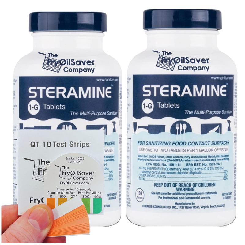 2 Bottles Steramine Sanitizer Tablets - 15x QT-10 Test Strip - Multi Purpose Steramine Sanitizing Tablets for Food Contact Surface in Kitchen, Restaurant & Food Service by FryOilSaver Co. (300 Count) 2 Pack