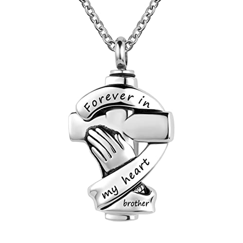Praying Hands Urn Necklaces for Mom Dad Pet Ashes Crucifix Cremation Keepsake Memorial Pendant Jewelry Forever in My Heart Brother