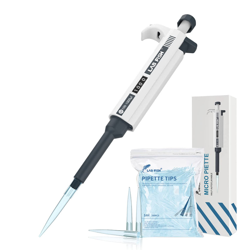LAB FISH M100-1000ul Lab Pipette, 100-1000ul Adjustable Volume w/200 Tips | 100-1000ul range, 0.1ml increment, single channel, manual, includes 200 tips, for lab liquid transfer Single Channel Pipettor 100-1000ul Set