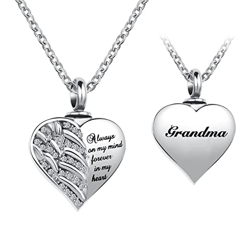 Guardian Angel Wings Cremation Jewelry for Ashes Heart Crystal Urn Necklaces for Ashes Memorial Keepsake Necklace Always on Mind Forever in My Heart Grandma