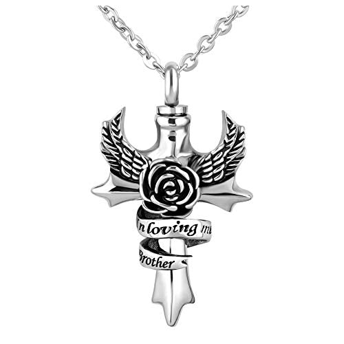in Loving Memory Dad Grandma Mom Cross Cremation Urn Necklace for Ashes Angel Wings Memorial Keepsake Pendant Locket Jewelry Brother