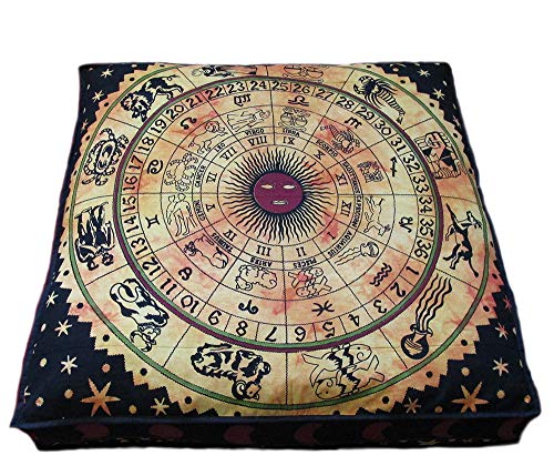 ICC Yellow Zodiac Mandala Barmeri Large Floor Pillow Cover Cushion Meditation Seating Ottoman Throw Cover Hippie Decorative Zipped Bohemian Pouf Ottoman Pom Pom Cases 24" Square 24 Inch Square