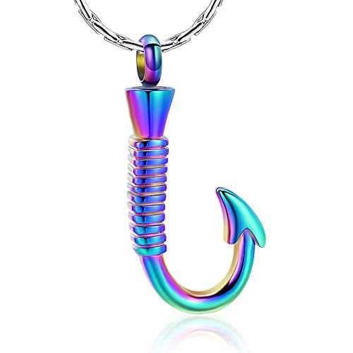 constantlife Cremation Jewelry for Ashes Urn Memorial Necklace Fish Hook Design Stainless Steel Pendant Keepsake Ashes Holder Colorful