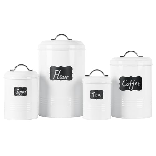 Brightalk Nesting Canisters Sets for the Kitchen, Set of 4 Airtight White Farmhouse Canister Jars with Removable Chalkboard Labels and Marker, for Flour Sugar Coffee Tea Storage