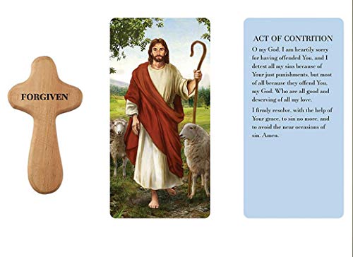 Needzo Wooden Hand Held Cross with Forgiveness Prayer Card, Comforting Palm Clutching Cross for Easy Travel, 4 Inch